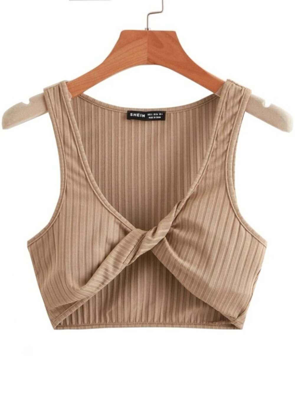 SHEIN Ribbed Fitted Front Twist Khaki Crop Tank Top Womens Large